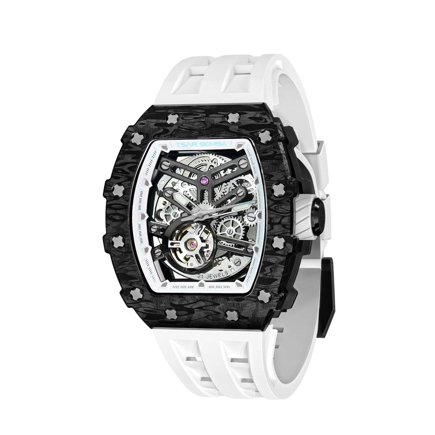 TSAR BOMBA Men's Automatic Watch Tonneau Luxury Skeleton Watches for Men Mechanical 50M Waterproof Analogue Watches Mens Unique Cool Silver Square Big Face Dial Wristwatch with Silicone Strap Band