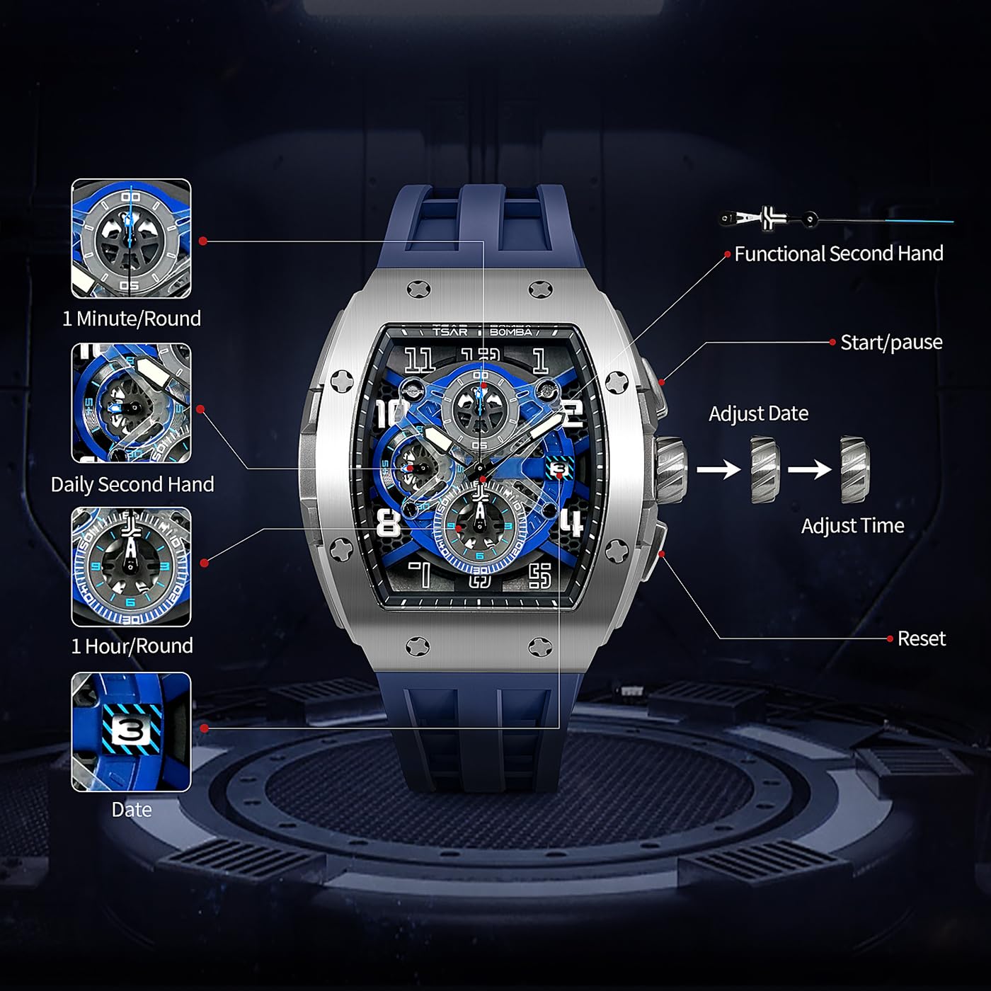 TSAR BOMBA Mens Watches Luxury Tonneau Watches for Men Waterproof 50M Analog Watch Chronograph Calendar Date Men’s Dress Business Work Watch Diver Large Square Face Wristwatch