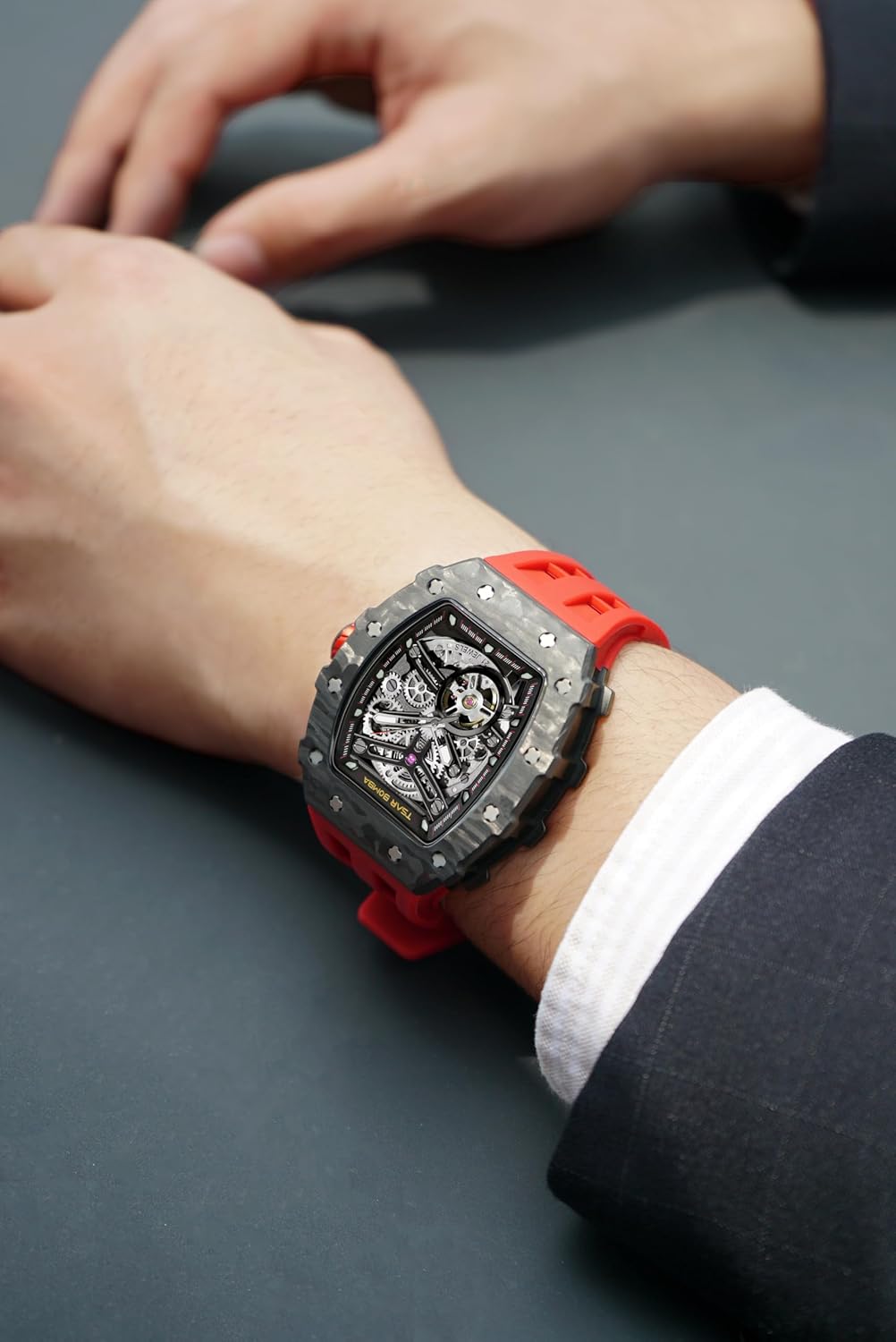 TSAR BOMBA Men's Automatic Watch Tonneau Luxury Skeleton Watches for Men Mechanical 50M Waterproof Analogue Watches Mens Unique Cool Silver Square Big Face Dial Wristwatch with Silicone Strap Band