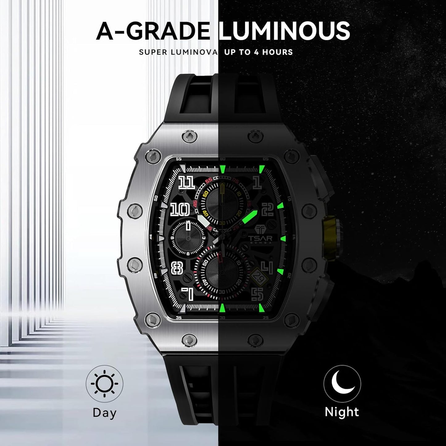 TSAR BOMBA Mens Watches Luxury Tonneau Watches for Men Waterproof 50M Analog Watch Chronograph Calendar Date Men’s Dress Business Work Watch Diver Large Square Face Wristwatch