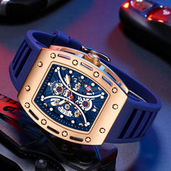 Watches for Men Luxury Skeleton Tonneau Watch for Men Waterproof Adjustable Silicone Strap Steampunk Style Chronograph Calendar Date Business Luminous Cool Large Square Face Wristwatch