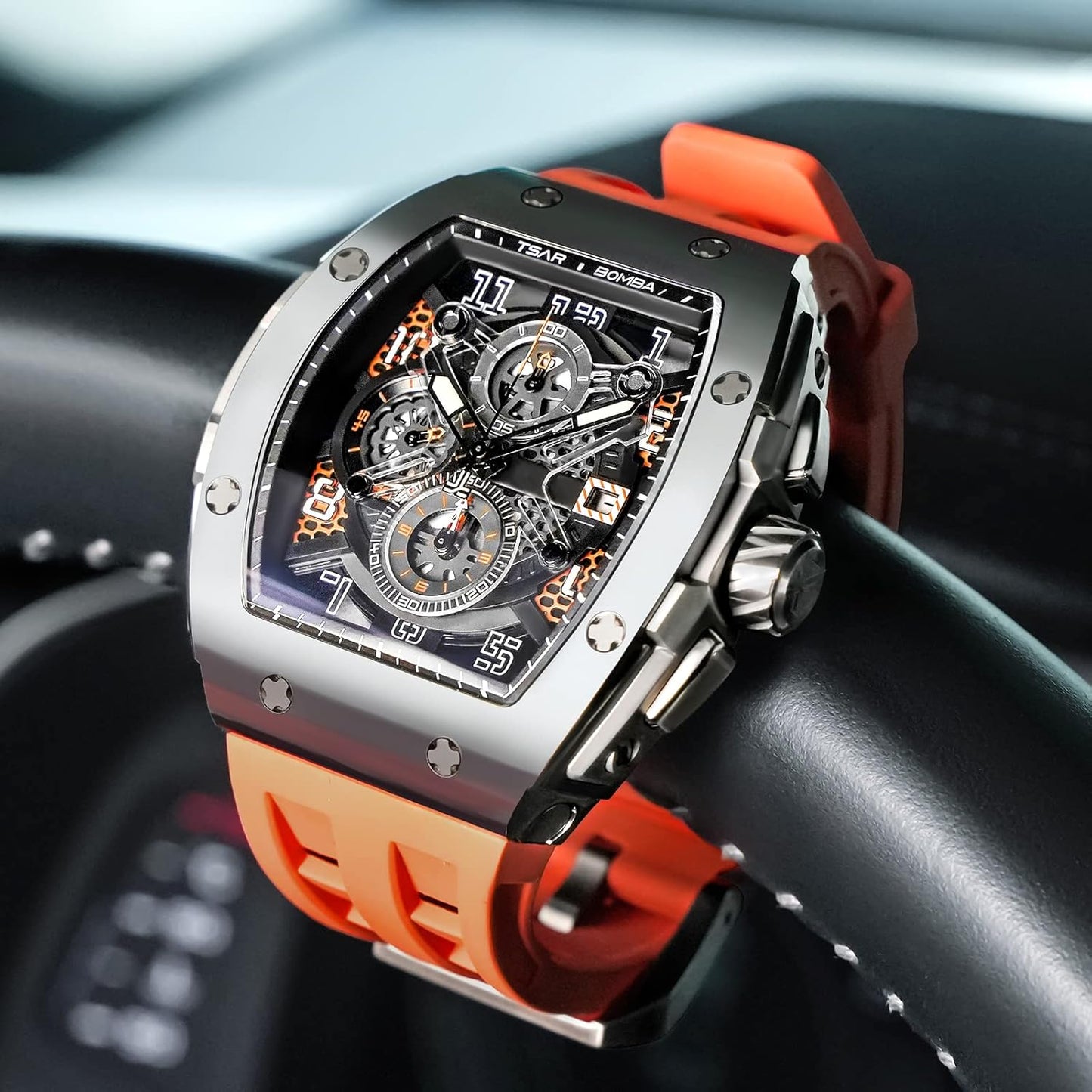 TSAR BOMBA Mens Watches Luxury Tonneau Watches for Men Waterproof 50M Analog Watch Chronograph Calendar Date Men’s Dress Business Work Watch Diver Large Square Face Wristwatch