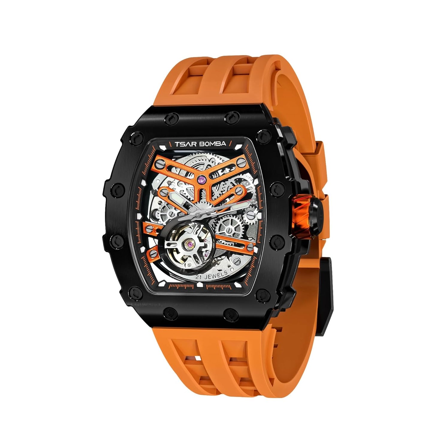 TSAR BOMBA Men's Automatic Watch Tonneau Luxury Skeleton Watches for Men Mechanical 50M Waterproof Analogue Watches Mens Unique Cool Silver Square Big Face Dial Wristwatch with Silicone Strap Band