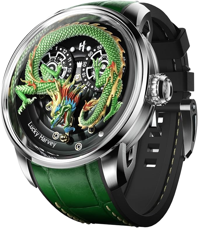 Men's Mechanical Automatic Watch 24K Gold 3D Dragon Dial Skeleton Watch Luminous Waterproof Luxury Men's Wristwatch Popular, green