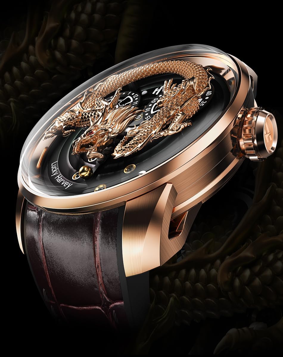 Men's Mechanical Automatic Watch 24K Gold 3D Dragon Dial Skeleton Watch Luminous Waterproof Luxury Men's Wristwatch Popular, green