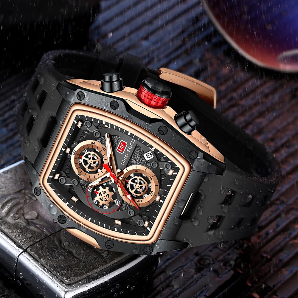 Watches for Men Luxury Skeleton Tonneau Watch for Men Waterproof Adjustable Silicone Strap Steampunk Style Chronograph Calendar Date Business Luminous Cool Large Square Face Wristwatch