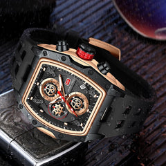 Watches for Men Luxury Skeleton Tonneau Watch for Men Waterproof Adjustable Silicone Strap Steampunk Style Chronograph Calendar Date Business Luminous Cool Large Square Face Wristwatch