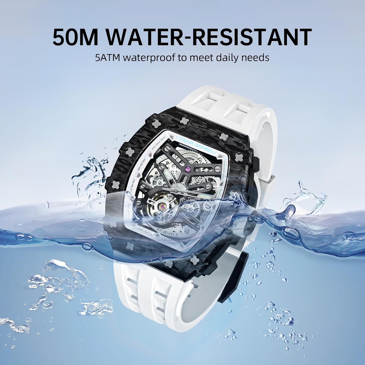 TSAR BOMBA Men's Automatic Watch Tonneau Luxury Skeleton Watches for Men Mechanical 50M Waterproof Analogue Watches Mens Unique Cool Silver Square Big Face Dial Wristwatch with Silicone Strap Band
