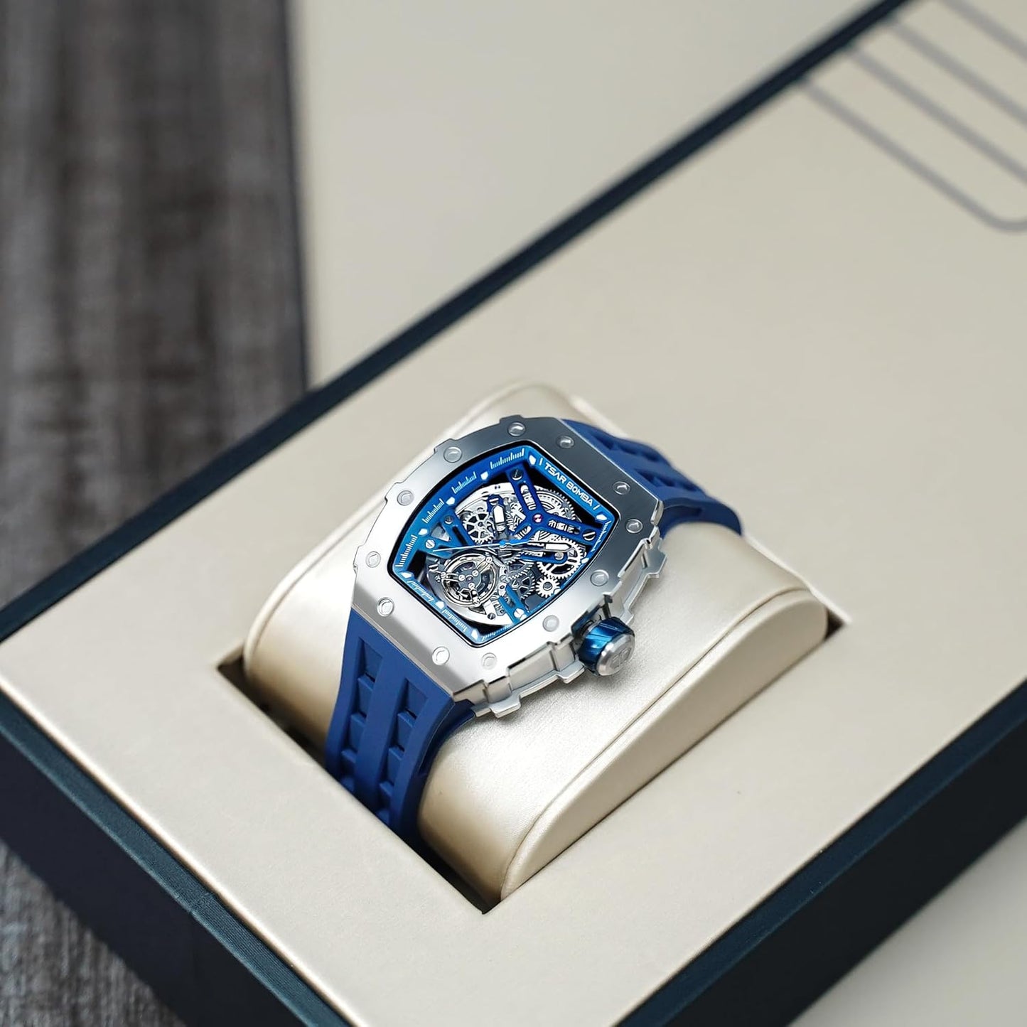 TSAR BOMBA Men's Automatic Watch Tonneau Luxury Skeleton Watches for Men Mechanical 50M Waterproof Analogue Watches Mens Unique Cool Silver Square Big Face Dial Wristwatch with Silicone Strap Band