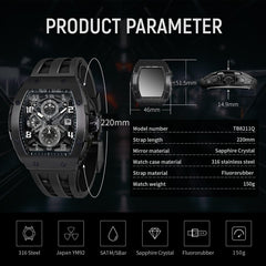 TSAR BOMBA Mens Watches Luxury Tonneau Watches for Men Waterproof 50M Analog Watch Chronograph Calendar Date Men’s Dress Business Work Watch Diver Large Square Face Wristwatch