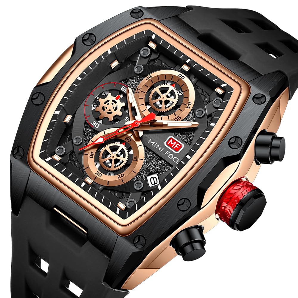 Watches for Men Luxury Skeleton Tonneau Watch for Men Waterproof Adjustable Silicone Strap Steampunk Style Chronograph Calendar Date Business Luminous Cool Large Square Face Wristwatch