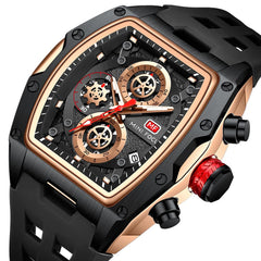 Watches for Men Luxury Skeleton Tonneau Watch for Men Waterproof Adjustable Silicone Strap Steampunk Style Chronograph Calendar Date Business Luminous Cool Large Square Face Wristwatch