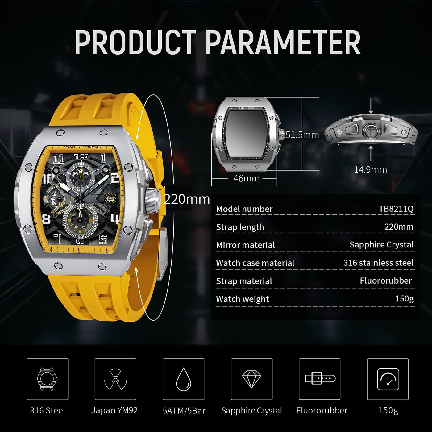 TSAR BOMBA Mens Watches Luxury Tonneau Watches for Men Waterproof 50M Analog Watch Chronograph Calendar Date Men’s Dress Business Work Watch Diver Large Square Face Wristwatch