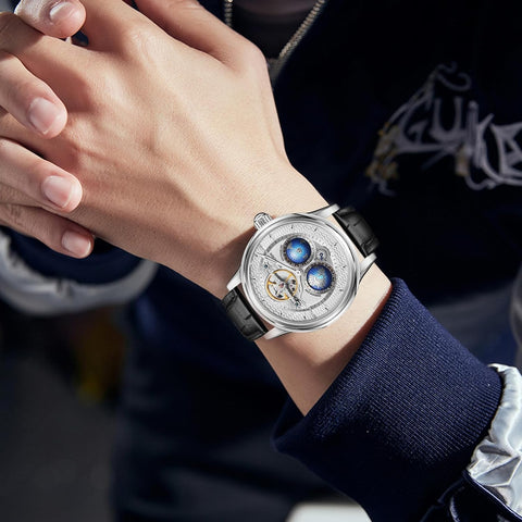 Watches for Men Automatic Mechanical Luxury Flywheel Watch 3D Double Globe Stainless Steel Case Men Wrist Watch