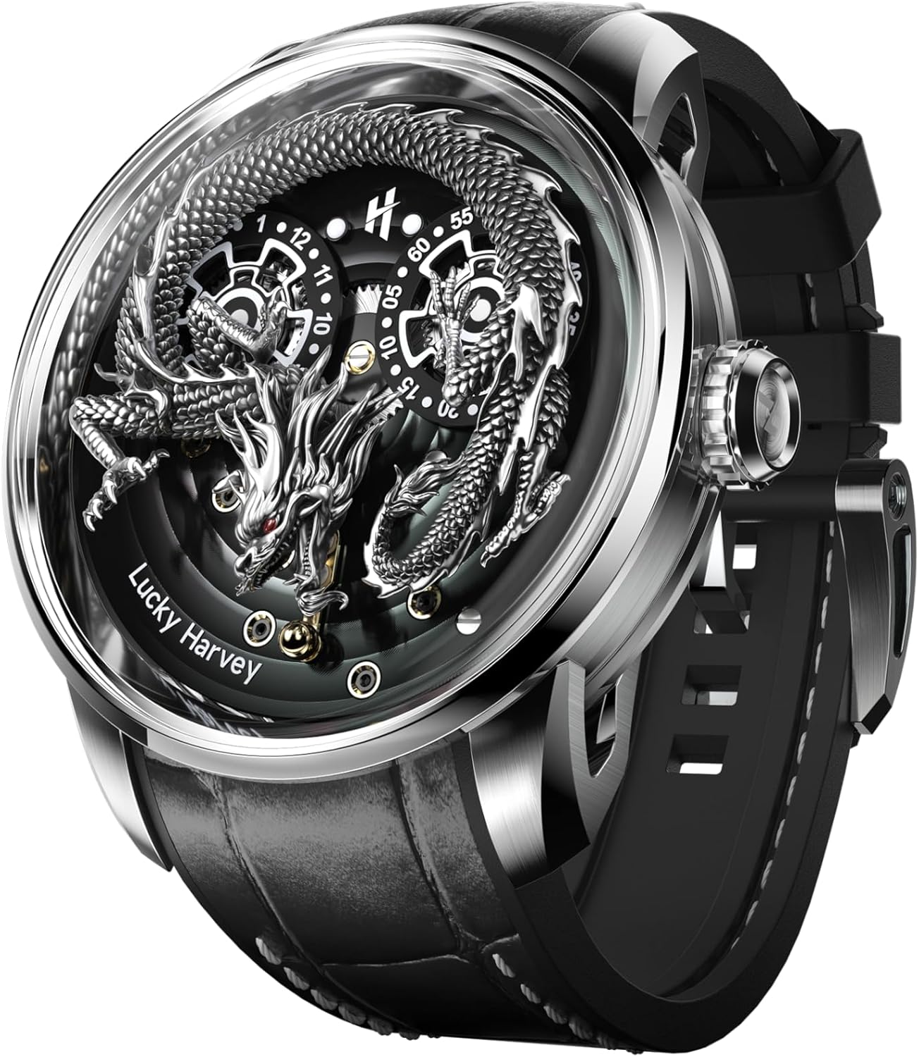 Men's Mechanical Automatic Watch 24K Gold 3D Dragon Dial Skeleton Watch Luminous Waterproof Luxury Men's Wristwatch Popular, green