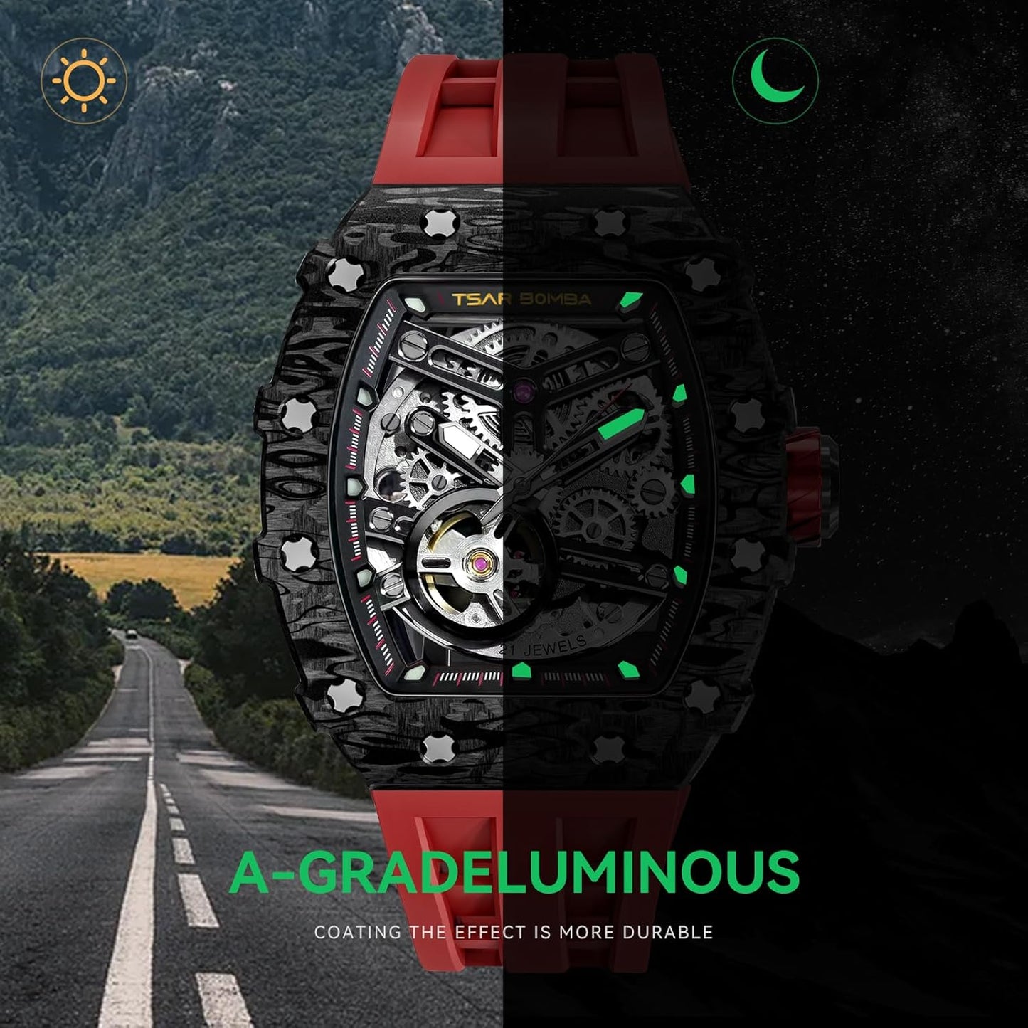 TSAR BOMBA Men's Automatic Watch Tonneau Luxury Skeleton Watches for Men Mechanical 50M Waterproof Analogue Watches Mens Unique Cool Silver Square Big Face Dial Wristwatch with Silicone Strap Band