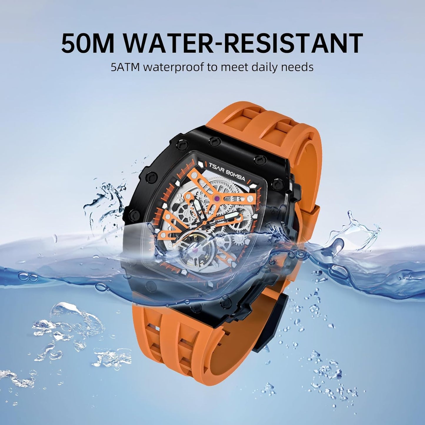 TSAR BOMBA Men's Automatic Watch Tonneau Luxury Skeleton Watches for Men Mechanical 50M Waterproof Analogue Watches Mens Unique Cool Silver Square Big Face Dial Wristwatch with Silicone Strap Band