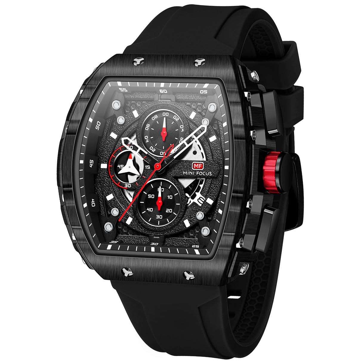 Watches for Men Luxury Skeleton Tonneau Watch for Men Waterproof Adjustable Silicone Strap Steampunk Style Chronograph Calendar Date Business Luminous Cool Large Square Face Wristwatch