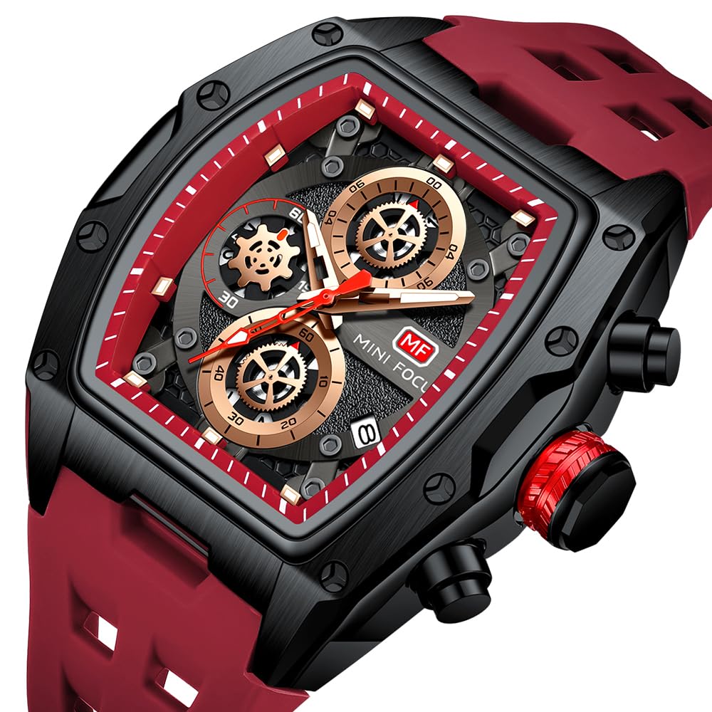 Watches for Men Luxury Skeleton Tonneau Watch for Men Waterproof Adjustable Silicone Strap Steampunk Style Chronograph Calendar Date Business Luminous Cool Large Square Face Wristwatch