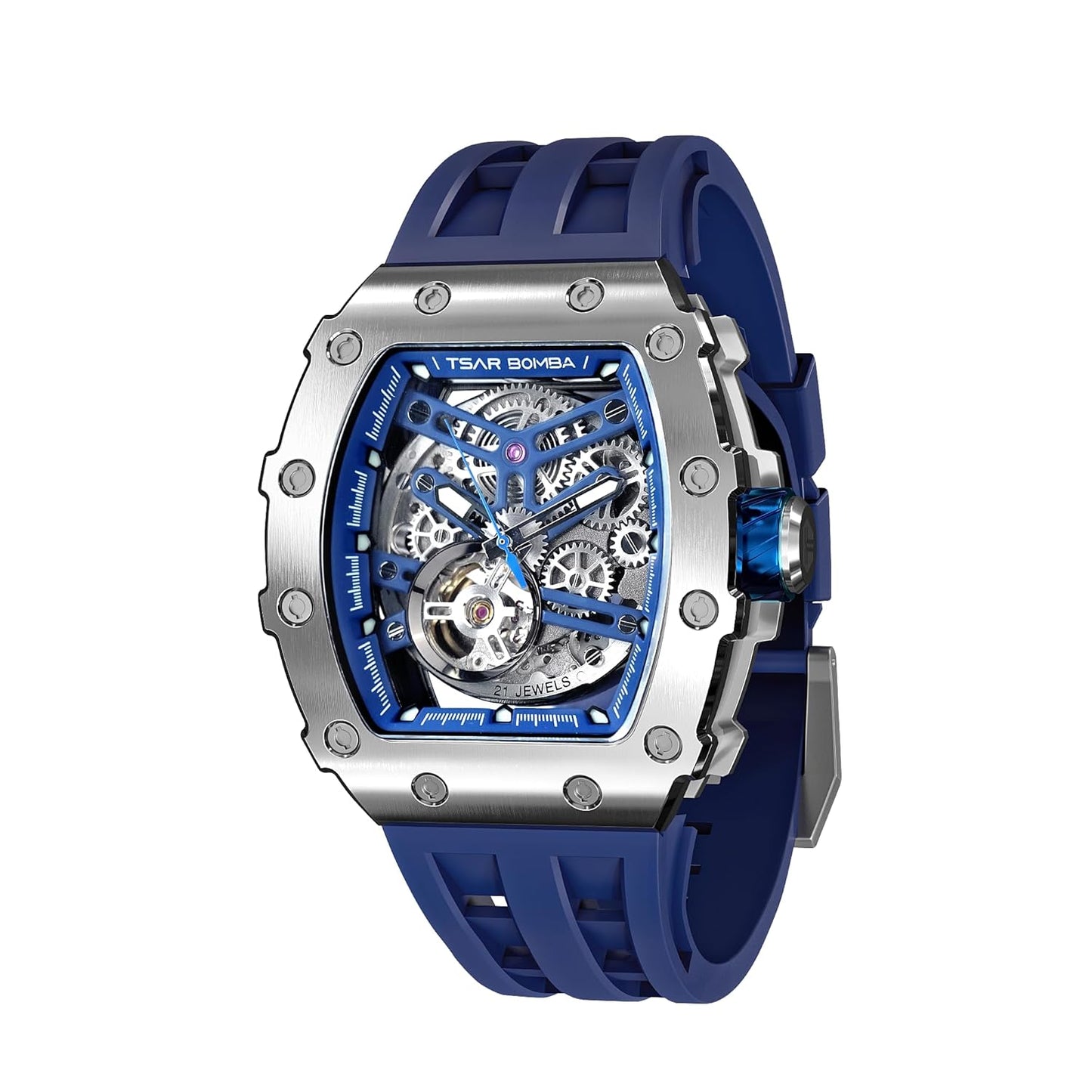 TSAR BOMBA Men's Automatic Watch Tonneau Luxury Skeleton Watches for Men Mechanical 50M Waterproof Analogue Watches Mens Unique Cool Silver Square Big Face Dial Wristwatch with Silicone Strap Band
