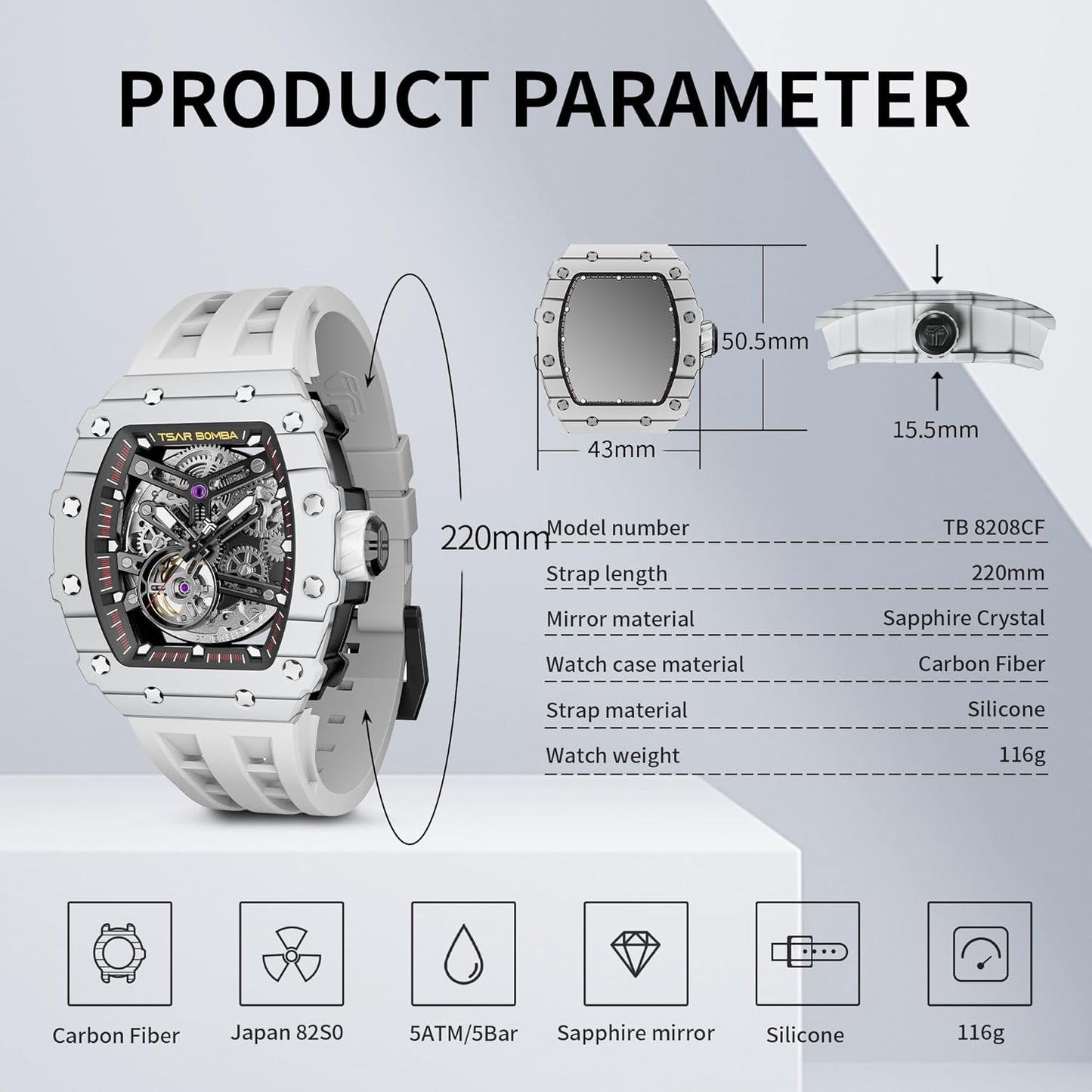 TSAR BOMBA Men's Automatic Watch Tonneau Luxury Skeleton Watches for Men Mechanical 50M Waterproof Analogue Watches Mens Unique Cool Silver Square Big Face Dial Wristwatch with Silicone Strap Band