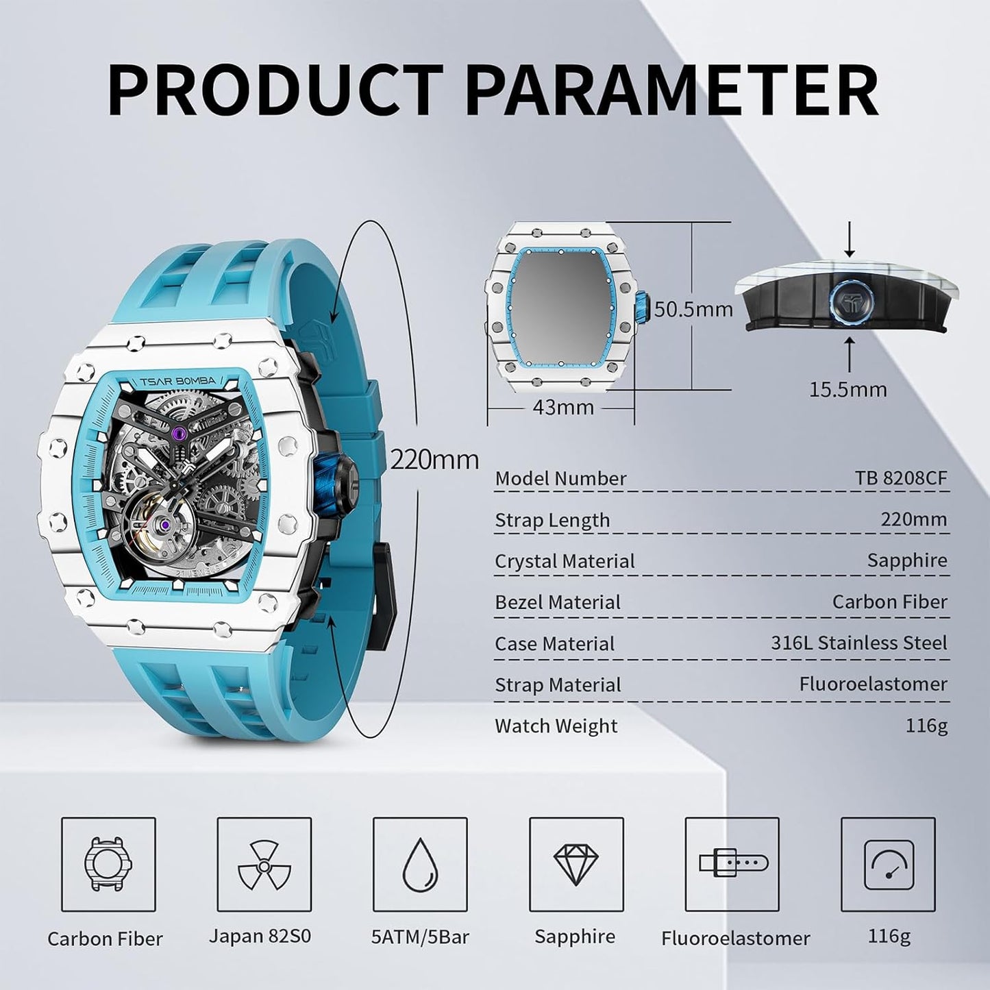 TSAR BOMBA Men's Automatic Watch Tonneau Luxury Skeleton Watches for Men Mechanical 50M Waterproof Analogue Watches Mens Unique Cool Silver Square Big Face Dial Wristwatch with Silicone Strap Band