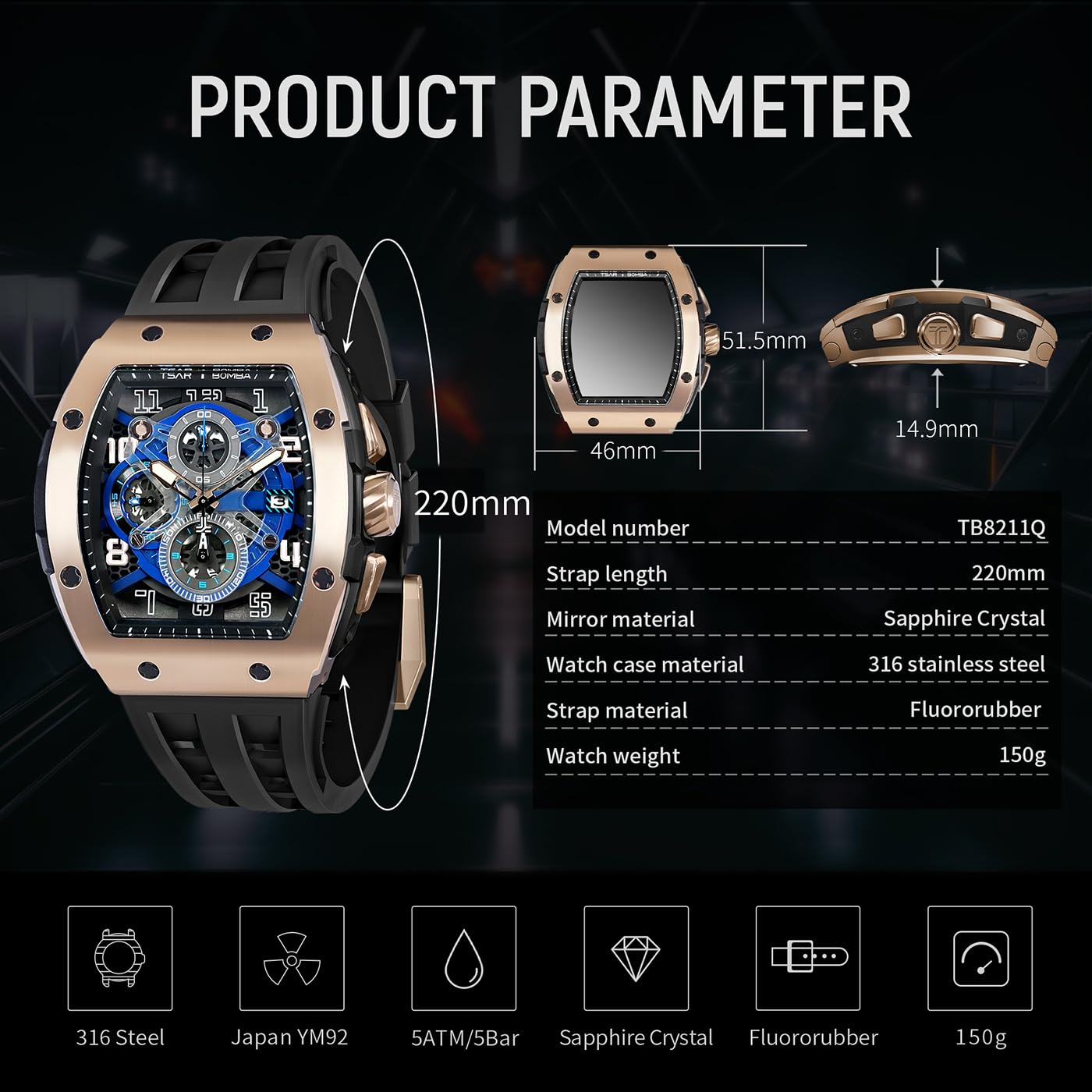 TSAR BOMBA Mens Watches Luxury Tonneau Watches for Men Waterproof 50M Analog Watch Chronograph Calendar Date Men’s Dress Business Work Watch Diver Large Square Face Wristwatch