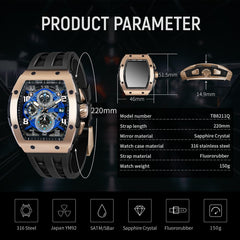 TSAR BOMBA Mens Watches Luxury Tonneau Watches for Men Waterproof 50M Analog Watch Chronograph Calendar Date Men’s Dress Business Work Watch Diver Large Square Face Wristwatch