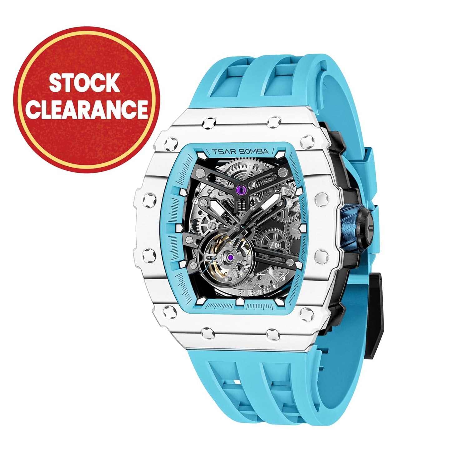 TSAR BOMBA Men's Automatic Watch Tonneau Luxury Skeleton Watches for Men Mechanical 50M Waterproof Analogue Watches Mens Unique Cool Silver Square Big Face Dial Wristwatch with Silicone Strap Band