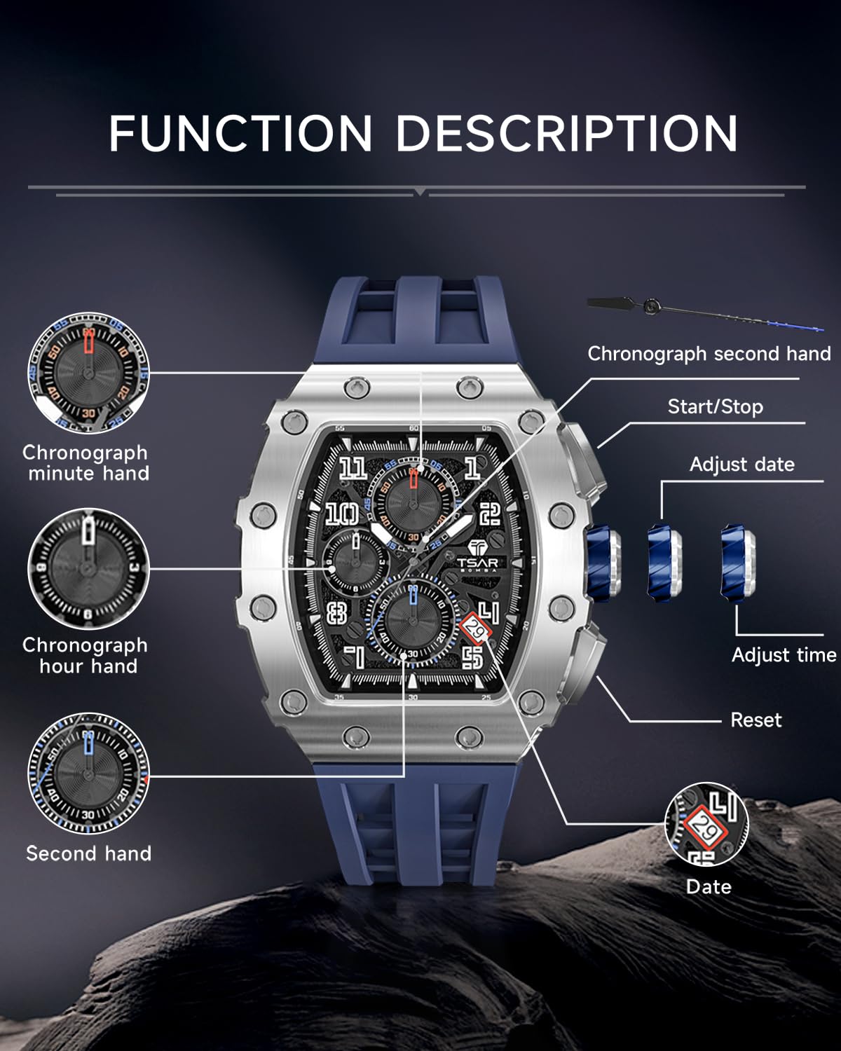 TSAR BOMBA Mens Watches Luxury Tonneau Watches for Men Waterproof 50M Analog Watch Chronograph Calendar Date Men’s Dress Business Work Watch Diver Large Square Face Wristwatch