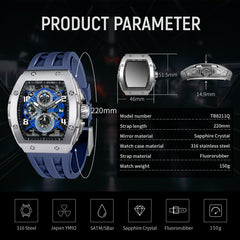 TSAR BOMBA Mens Watches Luxury Tonneau Watches for Men Waterproof 50M Analog Watch Chronograph Calendar Date Men’s Dress Business Work Watch Diver Large Square Face Wristwatch