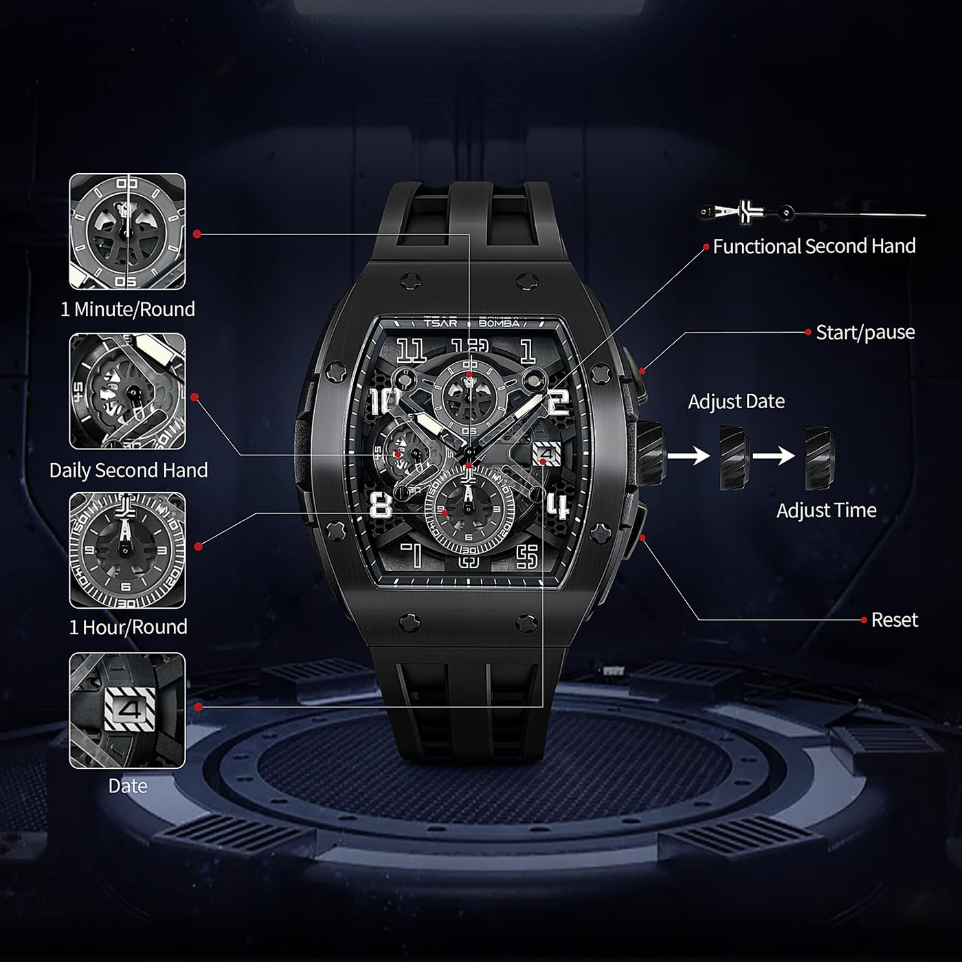 TSAR BOMBA Mens Watches Luxury Tonneau Watches for Men Waterproof 50M Analog Watch Chronograph Calendar Date Men’s Dress Business Work Watch Diver Large Square Face Wristwatch
