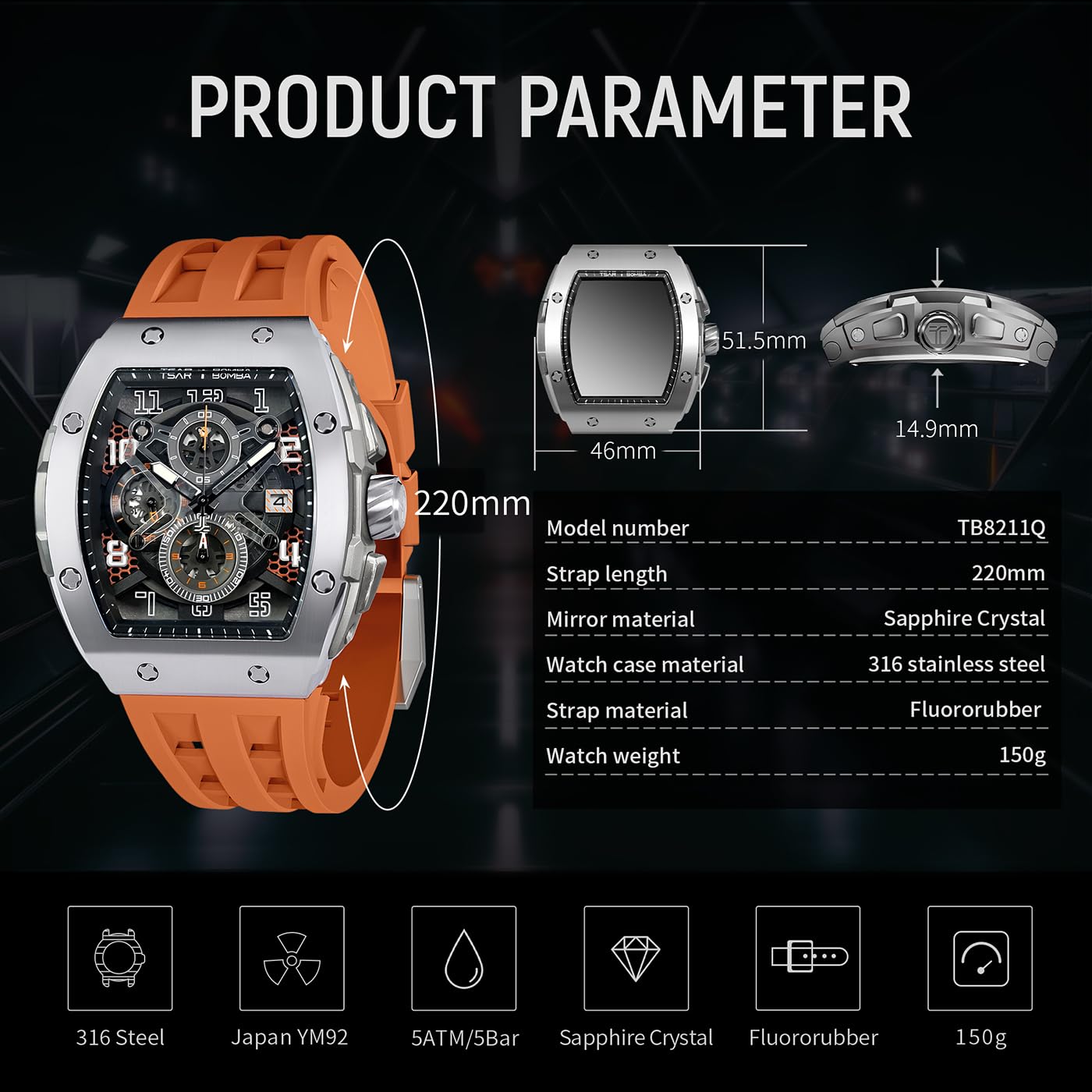 TSAR BOMBA Mens Watches Luxury Tonneau Watches for Men Waterproof 50M Analog Watch Chronograph Calendar Date Men’s Dress Business Work Watch Diver Large Square Face Wristwatch