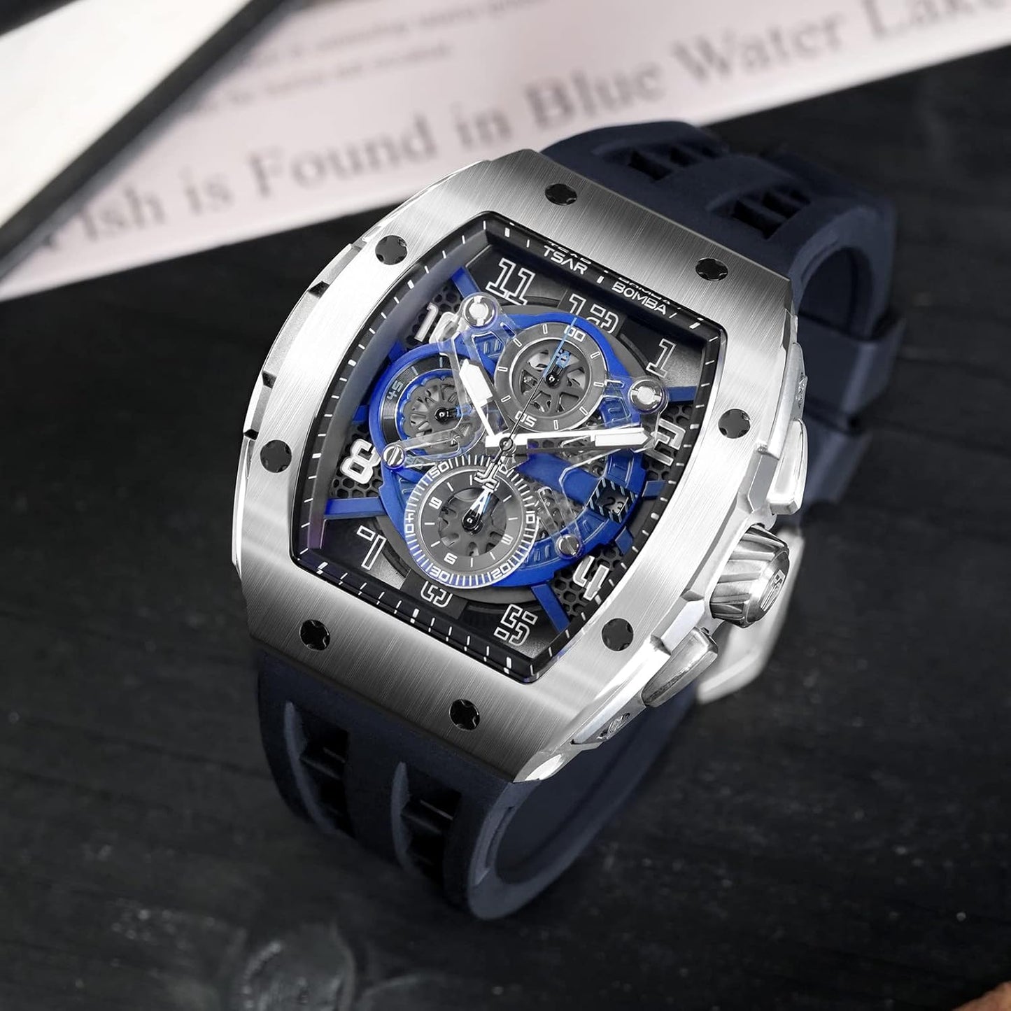 TSAR BOMBA Mens Watches Luxury Tonneau Watches for Men Waterproof 50M Analog Watch Chronograph Calendar Date Men’s Dress Business Work Watch Diver Large Square Face Wristwatch