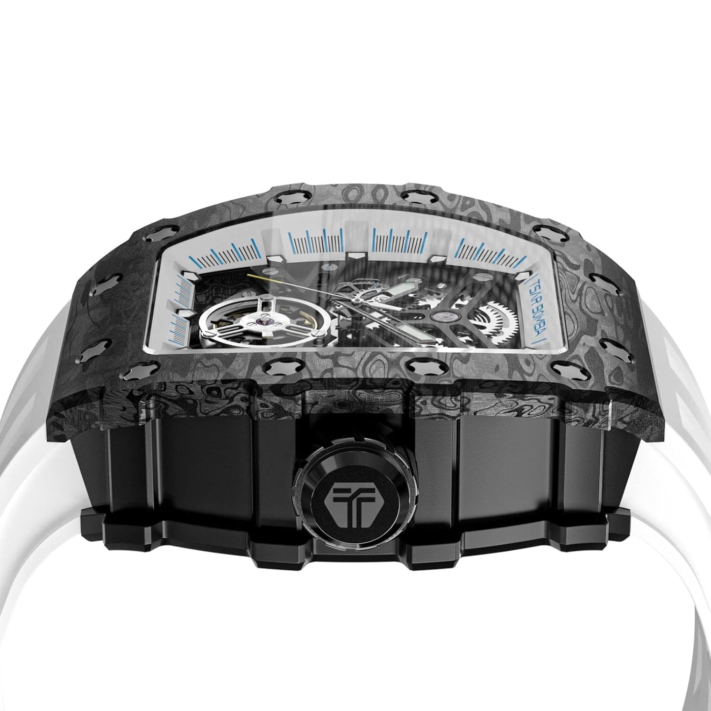 TSAR BOMBA Men's Automatic Watch Tonneau Luxury Skeleton Watches for Men Mechanical 50M Waterproof Analogue Watches Mens Unique Cool Silver Square Big Face Dial Wristwatch with Silicone Strap Band