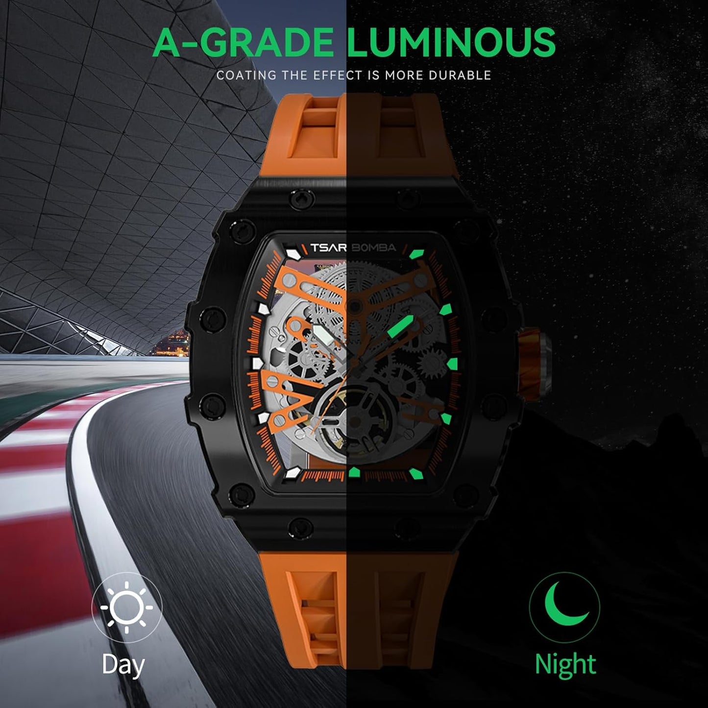 TSAR BOMBA Men's Automatic Watch Tonneau Luxury Skeleton Watches for Men Mechanical 50M Waterproof Analogue Watches Mens Unique Cool Silver Square Big Face Dial Wristwatch with Silicone Strap Band