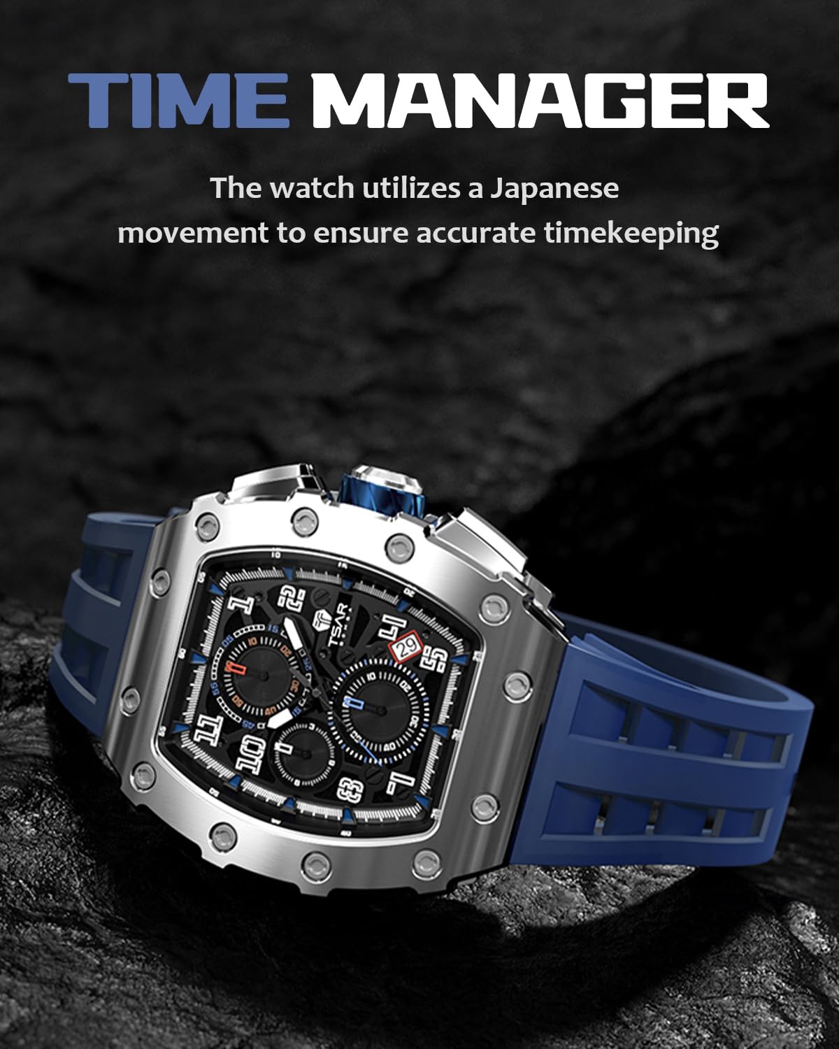 TSAR BOMBA Mens Watches Luxury Tonneau Watches for Men Waterproof 50M Analog Watch Chronograph Calendar Date Men’s Dress Business Work Watch Diver Large Square Face Wristwatch