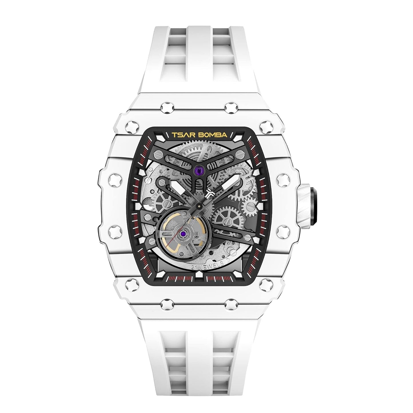 TSAR BOMBA Men's Automatic Watch Tonneau Luxury Skeleton Watches for Men Mechanical 50M Waterproof Analogue Watches Mens Unique Cool Silver Square Big Face Dial Wristwatch with Silicone Strap Band