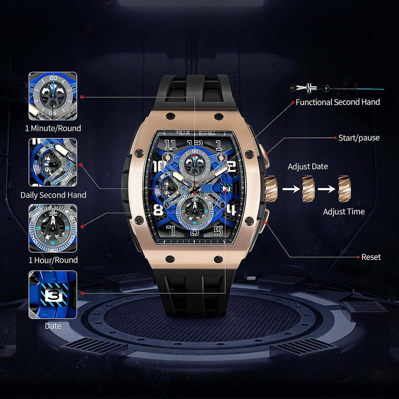 TSAR BOMBA Mens Watches Luxury Tonneau Watches for Men Waterproof 50M Analog Watch Chronograph Calendar Date Men’s Dress Business Work Watch Diver Large Square Face Wristwatch