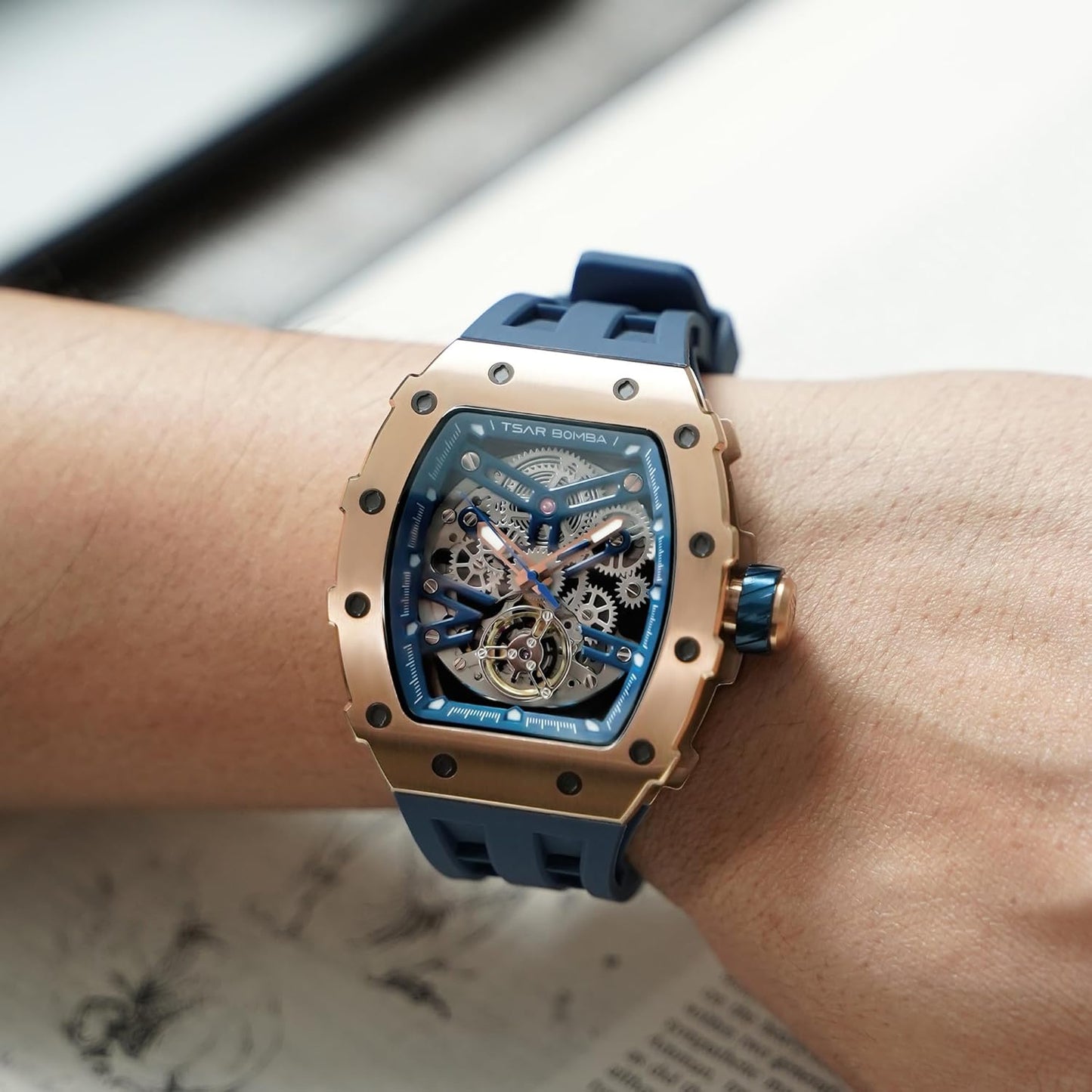 TSAR BOMBA Men's Automatic Watch Tonneau Luxury Skeleton Watches for Men Mechanical 50M Waterproof Analogue Watches Mens Unique Cool Silver Square Big Face Dial Wristwatch with Silicone Strap Band