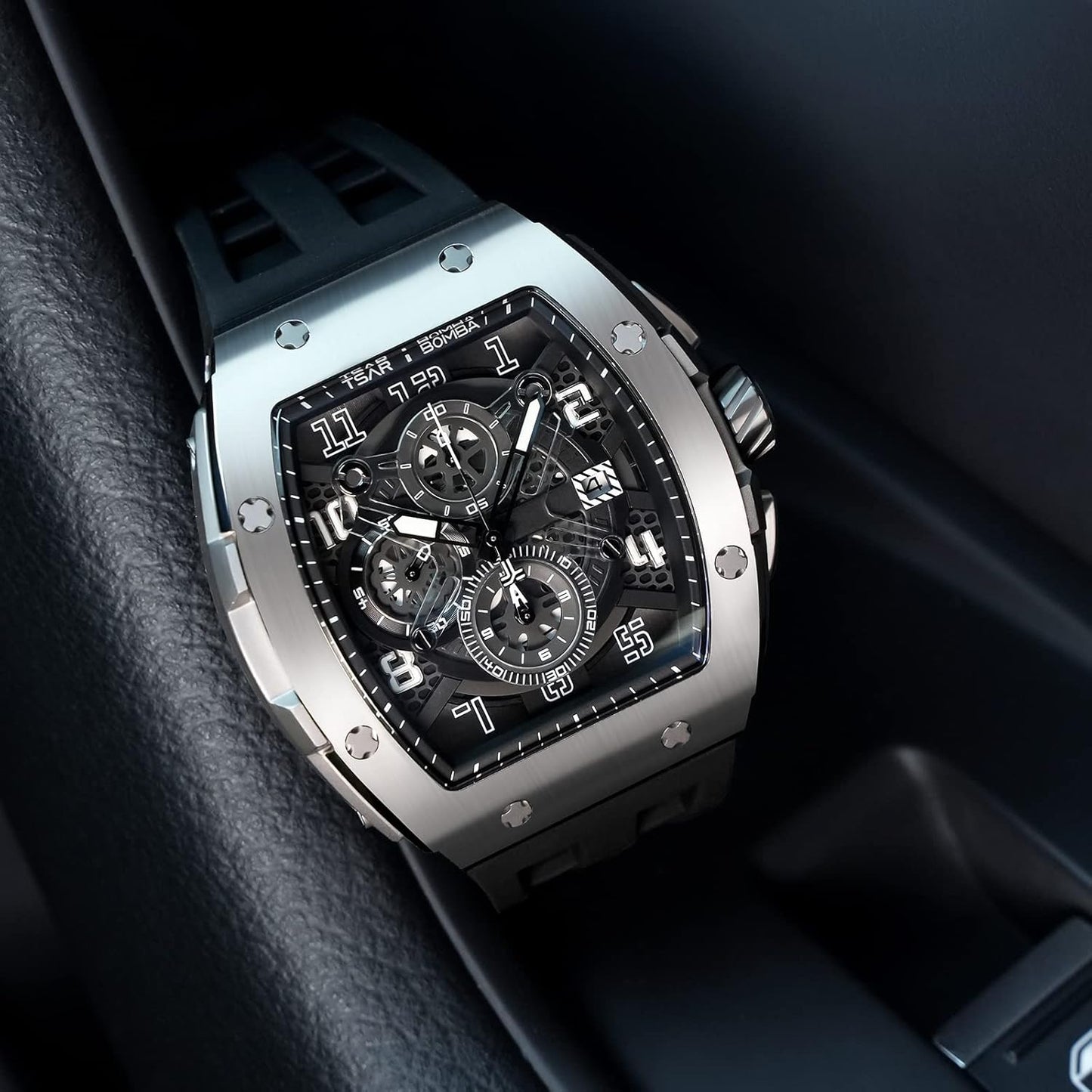 TSAR BOMBA Mens Watches Luxury Tonneau Watches for Men Waterproof 50M Analog Watch Chronograph Calendar Date Men’s Dress Business Work Watch Diver Large Square Face Wristwatch