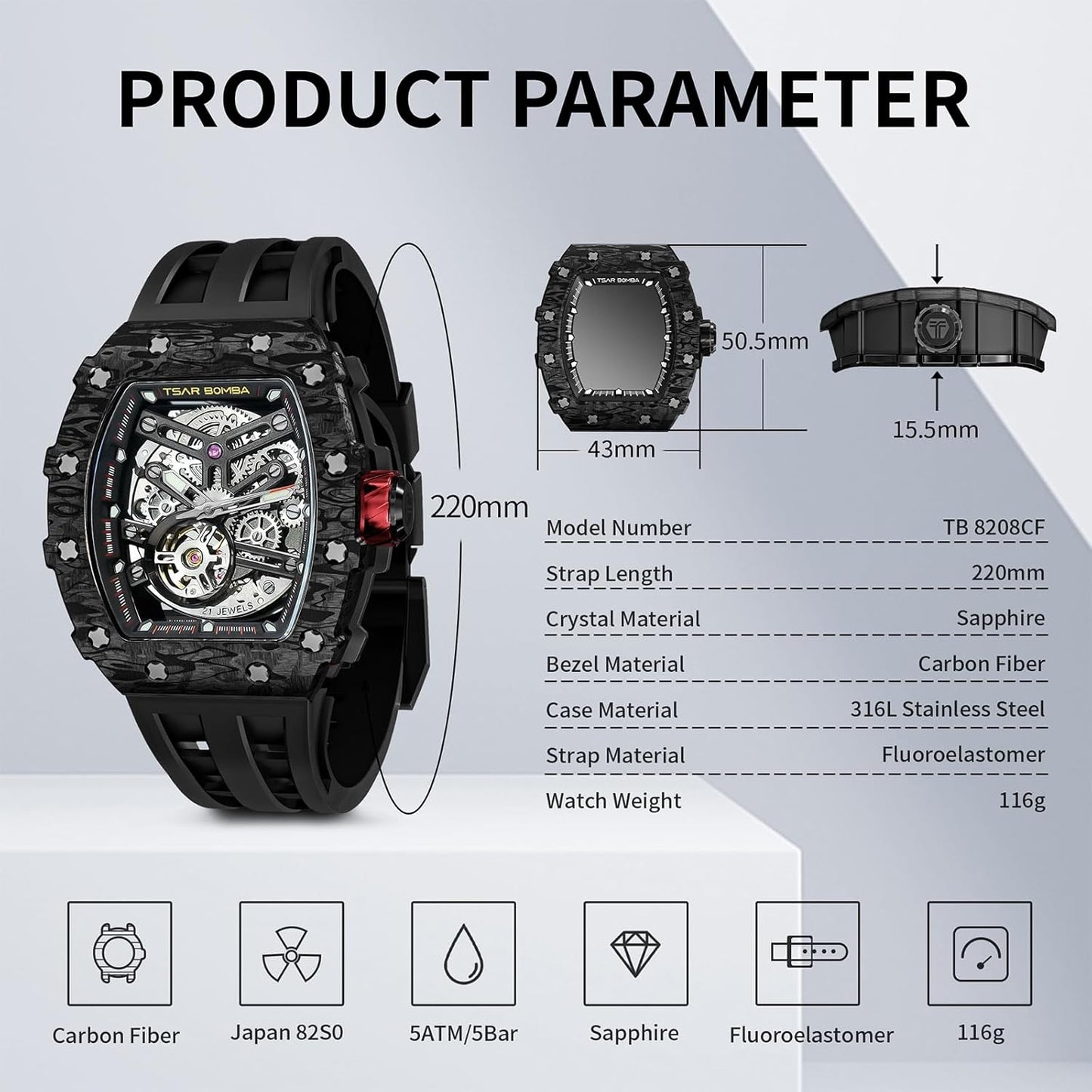 TSAR BOMBA Men's Automatic Watch Tonneau Luxury Skeleton Watches for Men Mechanical 50M Waterproof Analogue Watches Mens Unique Cool Silver Square Big Face Dial Wristwatch with Silicone Strap Band