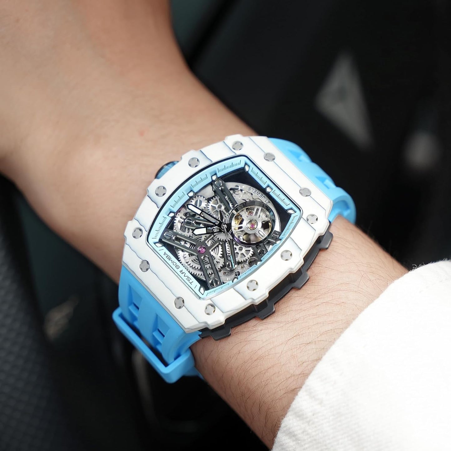 TSAR BOMBA Men's Automatic Watch Tonneau Luxury Skeleton Watches for Men Mechanical 50M Waterproof Analogue Watches Mens Unique Cool Silver Square Big Face Dial Wristwatch with Silicone Strap Band