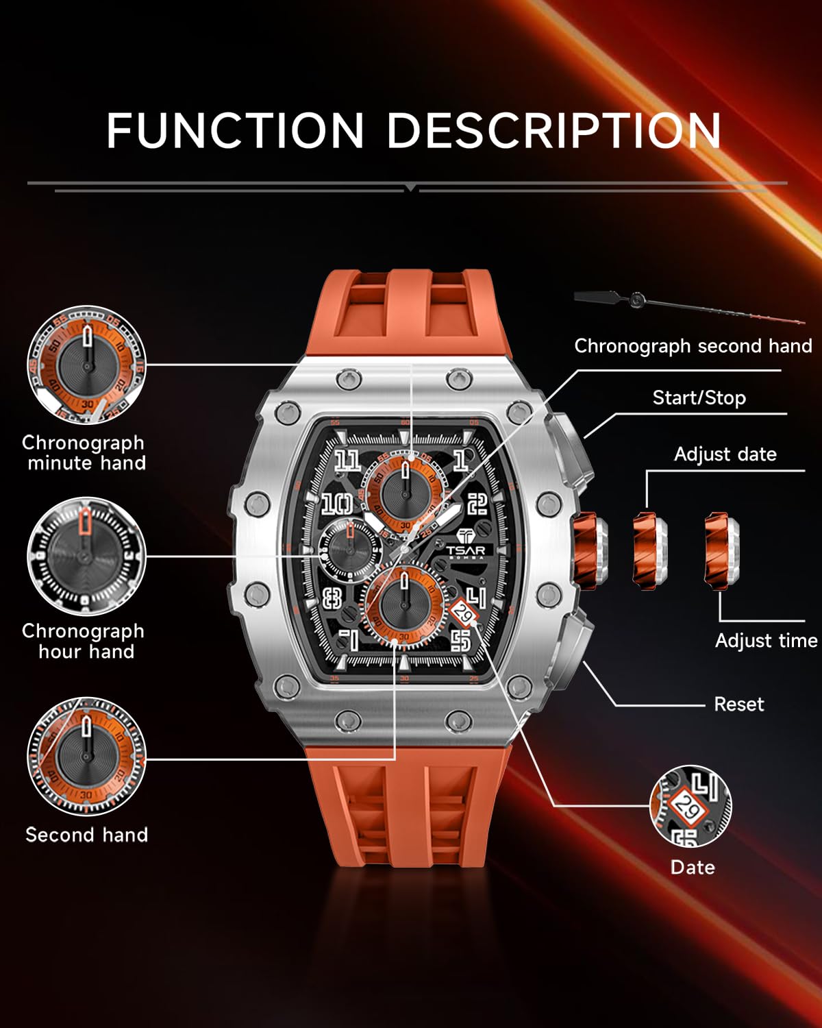 TSAR BOMBA Mens Watches Luxury Tonneau Watches for Men Waterproof 50M Analog Watch Chronograph Calendar Date Men’s Dress Business Work Watch Diver Large Square Face Wristwatch