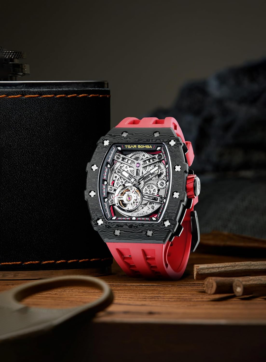 TSAR BOMBA Men's Automatic Watch Tonneau Luxury Skeleton Watches for Men Mechanical 50M Waterproof Analogue Watches Mens Unique Cool Silver Square Big Face Dial Wristwatch with Silicone Strap Band