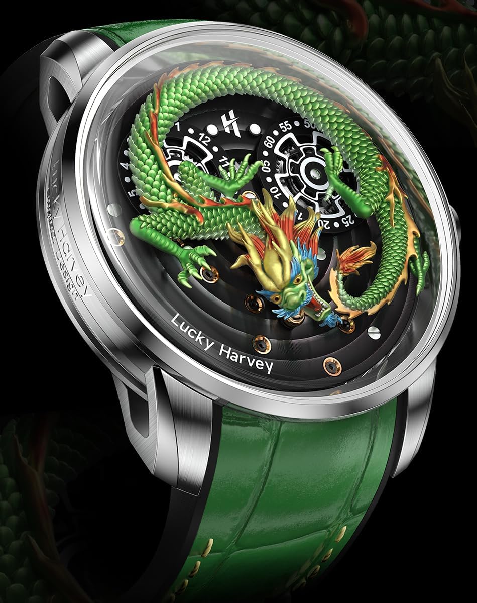 Men's Mechanical Automatic Watch 24K Gold 3D Dragon Dial Skeleton Watch Luminous Waterproof Luxury Men's Wristwatch Popular, green