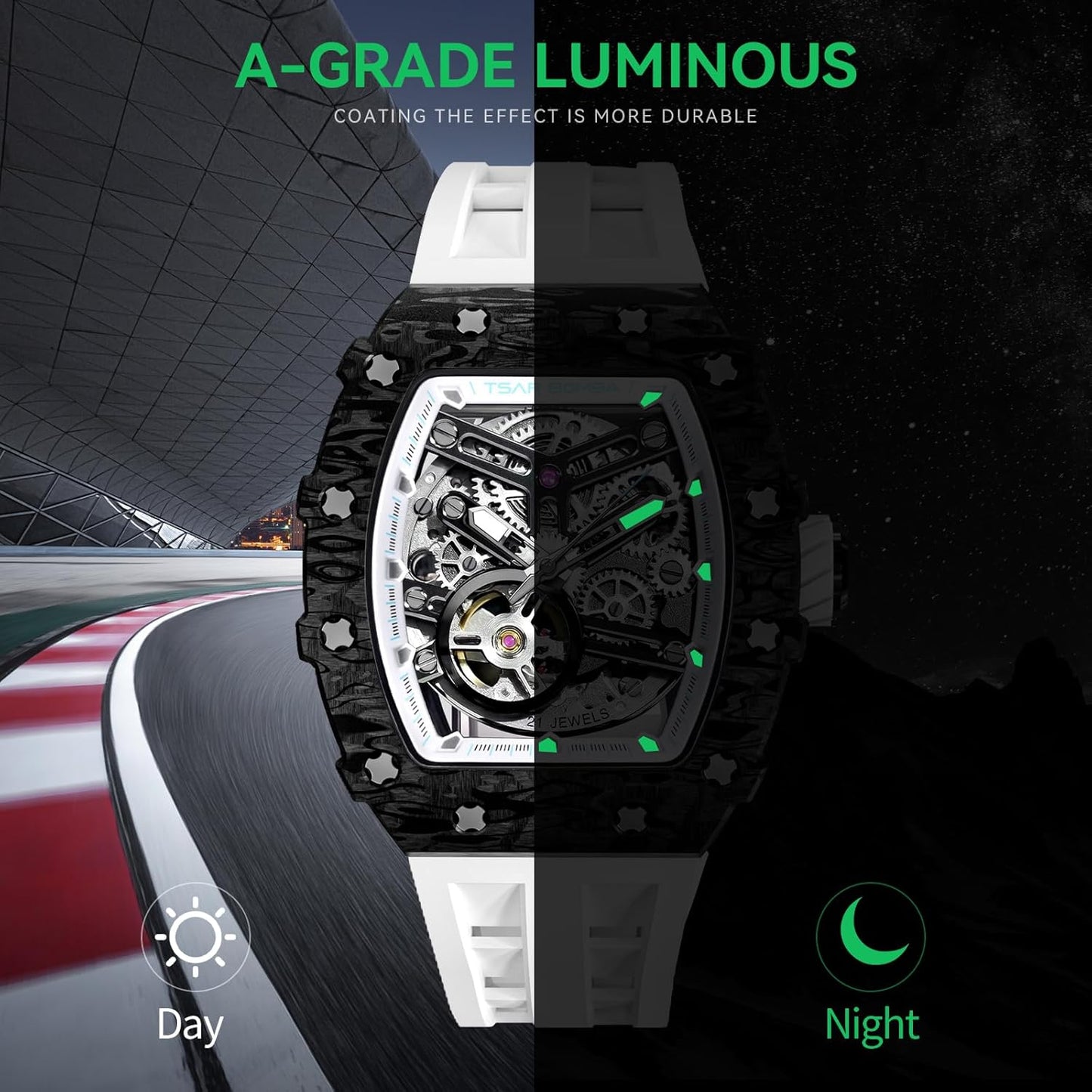 TSAR BOMBA Men's Automatic Watch Tonneau Luxury Skeleton Watches for Men Mechanical 50M Waterproof Analogue Watches Mens Unique Cool Silver Square Big Face Dial Wristwatch with Silicone Strap Band