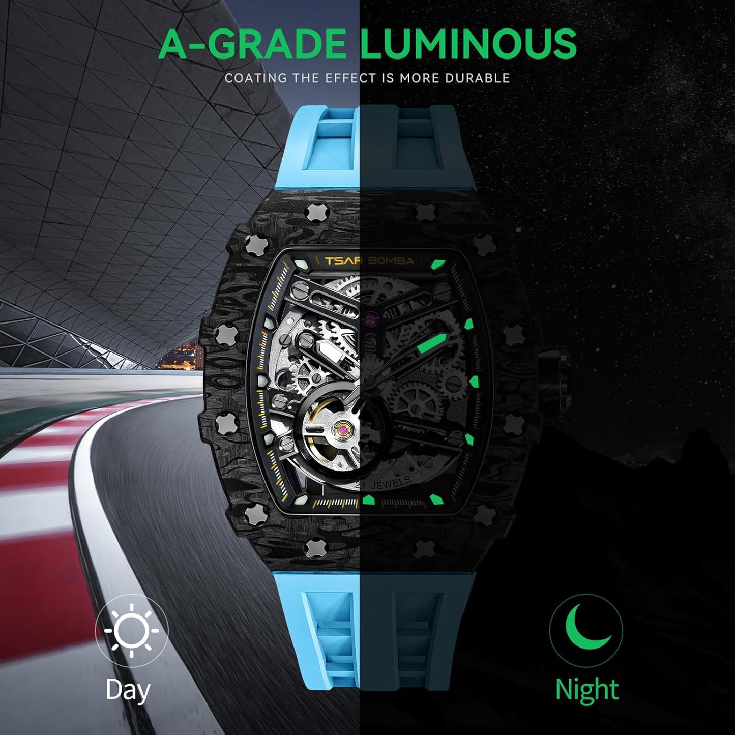 TSAR BOMBA Men's Automatic Watch Tonneau Luxury Skeleton Watches for Men Mechanical 50M Waterproof Analogue Watches Mens Unique Cool Silver Square Big Face Dial Wristwatch with Silicone Strap Band