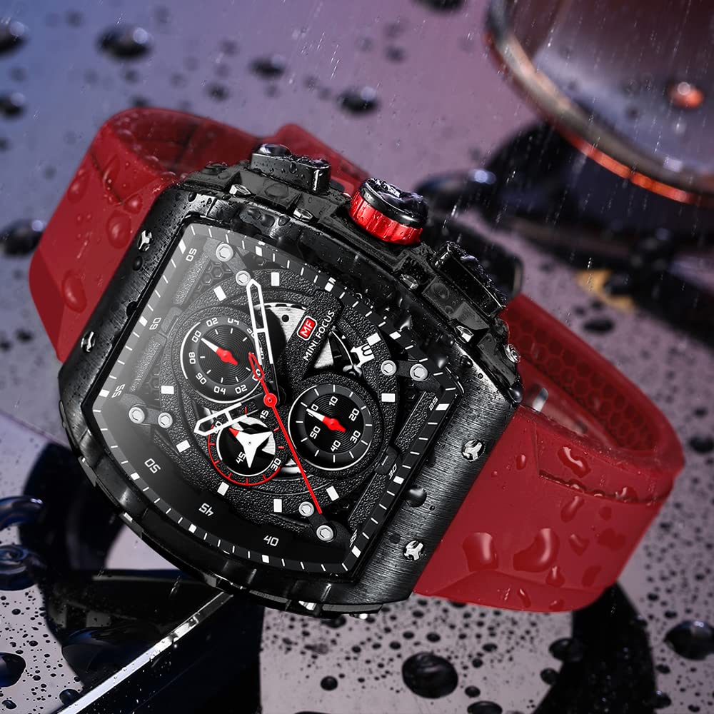 Watches for Men Luxury Skeleton Tonneau Watch for Men Waterproof Adjustable Silicone Strap Steampunk Style Chronograph Calendar Date Business Luminous Cool Large Square Face Wristwatch