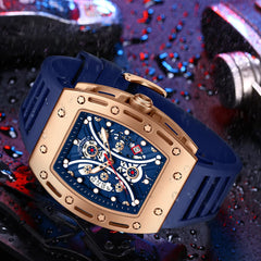 Watches for Men Luxury Skeleton Tonneau Watch for Men Waterproof Adjustable Silicone Strap Steampunk Style Chronograph Calendar Date Business Luminous Cool Large Square Face Wristwatch